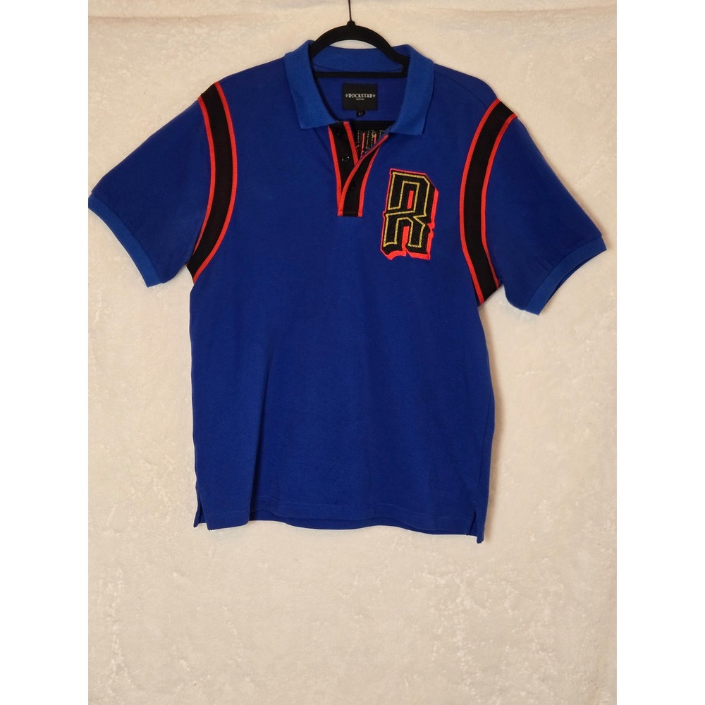Rockstar Original Mens Medium Blue Chenille Patch Polo Shirt RSM 2580